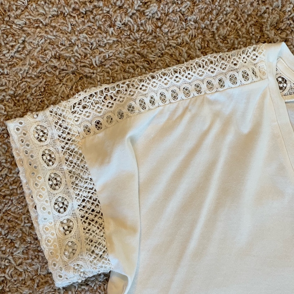 NWT Lauren by Ralph Lauren Ivory Short Sleeve V- Neck Top w/ Lace Blouse XL
